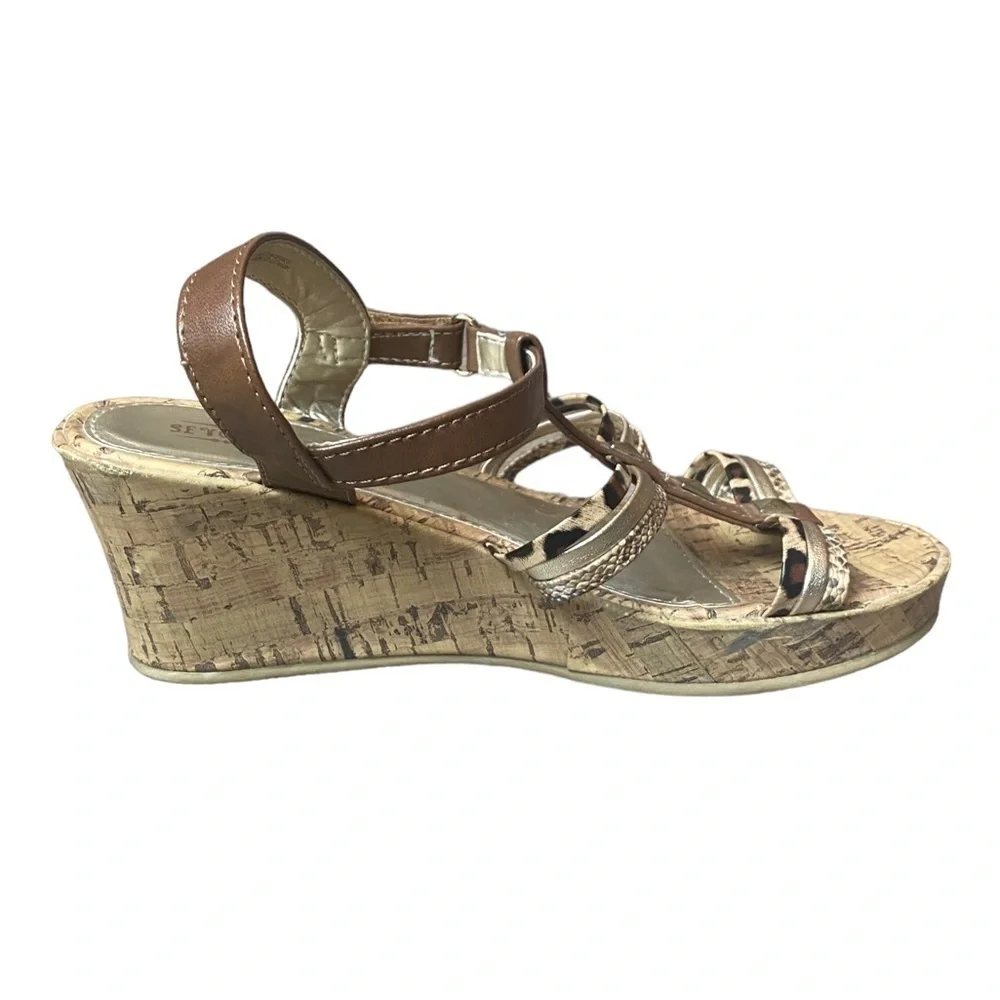 Seychelles Platform Wedge‎ Strappy Animal Print Brown Gold Sandals Heels 4